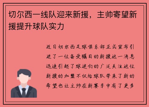 切尔西一线队迎来新援，主帅寄望新援提升球队实力